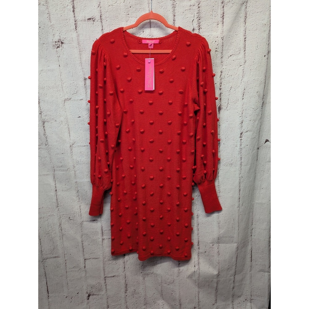 Lilly Pulitzer Dress Womens XL Ruby Red Kippa‎ Pom-Pom Sweater Knit New